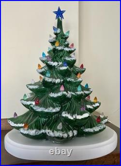 Vintage Green Ceramic Multicolor Light Up Flocked Christmas Tree Lamp 16