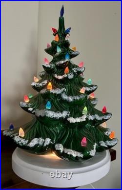 Vintage Green Ceramic Multicolor Light Up Flocked Christmas Tree Lamp 16