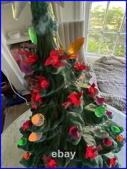 Vintage Green Flocked Ceramic Christmas Tree Atlantic Mold 19 lights birds