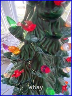 Vintage Green Flocked Ceramic Christmas Tree Atlantic Mold 19 lights birds