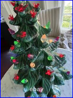 Vintage Green Flocked Ceramic Christmas Tree Atlantic Mold 19 lights birds