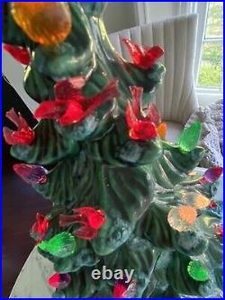 Vintage Green Flocked Ceramic Christmas Tree Atlantic Mold 19 lights birds