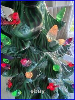 Vintage Green Flocked Ceramic Christmas Tree Atlantic Mold 19 lights birds