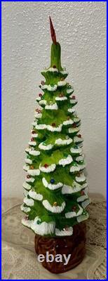 Vintage Green Frosted Ceramic Christmas Tree Narrow Style Lighted Unique Shape