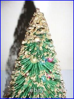 Vintage Green Glitter Bottle Brush Christmas Tree Mercury Glass Garland 9 Euc