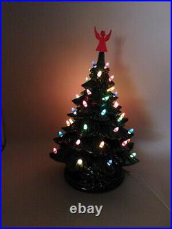 Vintage Green Hand Made 16 Ceramic Lighted Christmas Tree Angel Top NICE