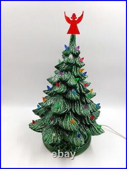 Vintage Green Hand Made 16 Ceramic Lighted Christmas Tree Angel Top NICE