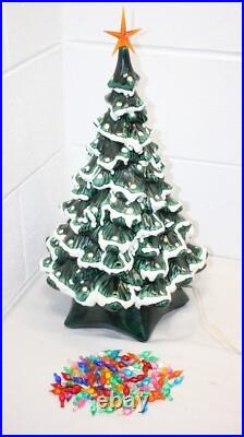 Vintage Green Holland Mold Ceramic Christmas Tree 20 Star Base Snow Tipped GUC