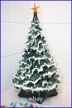 Vintage Green Holland Mold Ceramic Christmas Tree 20 Star Base Snow Tipped GUC
