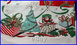 Vintage HTF Christmas Tablecloth MCM Atomic Toy Santa Aqua Tree 66x58 VGC LOOK