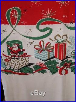 Vintage HTF Christmas Tablecloth MCM Atomic Toy Santa Aqua Tree 66x58 VGC LOOK