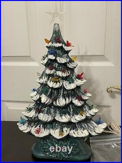 Vintage Hand Made Ceramic Christmas Tree with Snow Approx. 18 Two Piece Oval