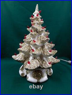 Vintage Hand Made White withGold Glitter 17 Ceramic Lighted Christmas Tree WORKS