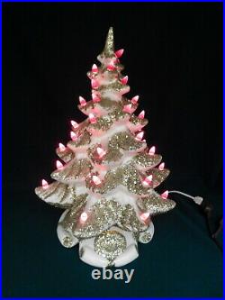 Vintage Hand Made White withGold Glitter 17 Ceramic Lighted Christmas Tree WORKS