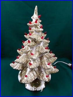 Vintage Hand Made White withGold Glitter 17 Ceramic Lighted Christmas Tree WORKS