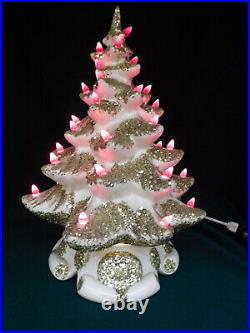 Vintage Hand Made White withGold Glitter 17 Ceramic Lighted Christmas Tree WORKS