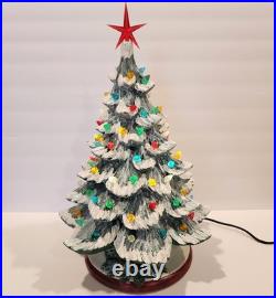 Vintage Hand Painted 15 Ceramic Lighted Christmas Tree with Glitter Flocked Snow