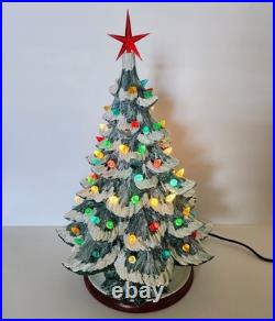 Vintage Hand Painted 15 Ceramic Lighted Christmas Tree with Glitter Flocked Snow