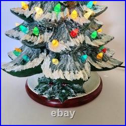 Vintage Hand Painted 15 Ceramic Lighted Christmas Tree with Glitter Flocked Snow
