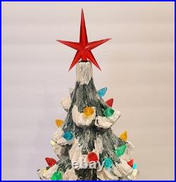 Vintage Hand Painted 15 Ceramic Lighted Christmas Tree with Glitter Flocked Snow
