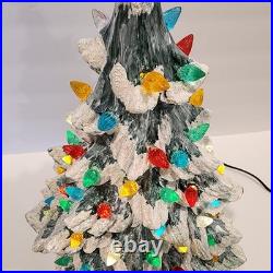 Vintage Hand Painted 15 Ceramic Lighted Christmas Tree with Glitter Flocked Snow
