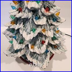 Vintage Hand Painted 15 Ceramic Lighted Christmas Tree with Glitter Flocked Snow