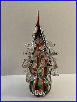 Vintage Handblown Art Glass Christmas Tree Clear with Red And Green Stripes 11T