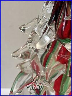 Vintage Handblown Art Glass Christmas Tree Clear with Red And Green Stripes 11T