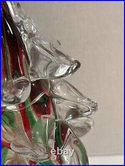 Vintage Handblown Art Glass Christmas Tree Clear with Red And Green Stripes 11T