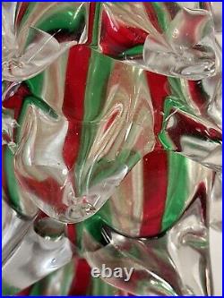 Vintage Handblown Art Glass Christmas Tree Clear with Red And Green Stripes 11T