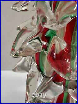 Vintage Handblown Art Glass Christmas Tree Clear with Red And Green Stripes 11T