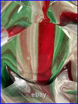 Vintage Handblown Art Glass Christmas Tree Clear with Red And Green Stripes 11T