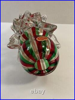 Vintage Handblown Art Glass Christmas Tree Clear with Red And Green Stripes 11T