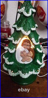 Vintage Handmade Ceramic Christmas Tree 18 In. Flocked Holly WithHoly Family-