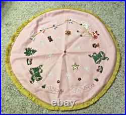 Vintage Handmade Pink Christmas Tree Skirt Sequin Santa Bells Toys Beaded Felt