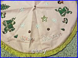 Vintage Handmade Pink Christmas Tree Skirt Sequin Santa Bells Toys Beaded Felt