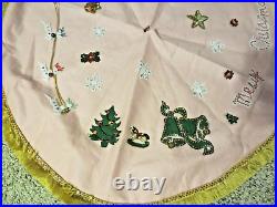 Vintage Handmade Pink Christmas Tree Skirt Sequin Santa Bells Toys Beaded Felt