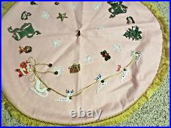 Vintage Handmade Pink Christmas Tree Skirt Sequin Santa Bells Toys Beaded Felt