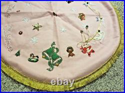 Vintage Handmade Pink Christmas Tree Skirt Sequin Santa Bells Toys Beaded Felt