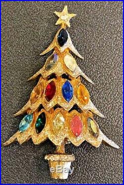 Vintage Hattie Carnegie Gold Tone Crystal Christmas Tree Brooch Pin