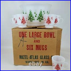 Vintage Hazel Atlas Christmas Trees Egg Nog Punch Bowl Set 5 Mugs w Original Box