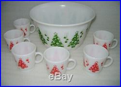 Vintage Hazel Atlas Red & Green Christmas Tree Egg Nog Punch Bowl Set & Cups