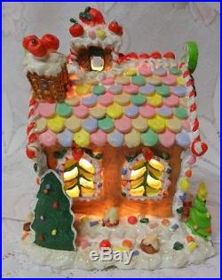 Vintage Holiday Christmas Tree Gingerbread Cookie Lighted House Building