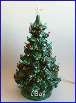 Vintage Holland Mold 2 Piece Lighted Ceramic Snow Flocked Christmas Tree 14 3/4
