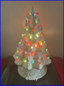 Vintage Holland Mold Ceramic 18 White Iridescent Christmas Tree With Lights &Base