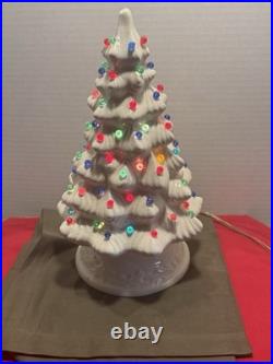 Vintage Holland Mold Ceramic 18 White Iridescent Christmas Tree With Lights &Base