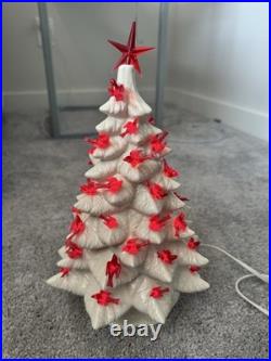 Vintage Holland Mold Ceramic 19 White Iridescent Christmas Tree WithLights &Base