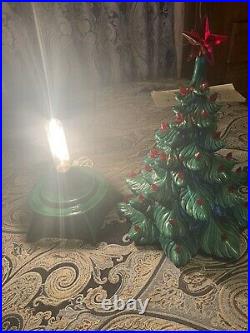 Vintage Holland Mold Ceramic Light Up Christmas Tree Green /red Lights Star 18