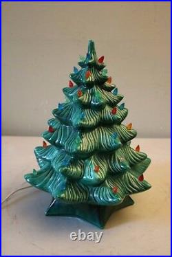 Vintage Holland Mold Green Ceramic Christmas Tree With Base & Multi-Colored Lights