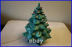 Vintage Holland Mold Green Ceramic Christmas Tree With Base & Multi-Colored Lights